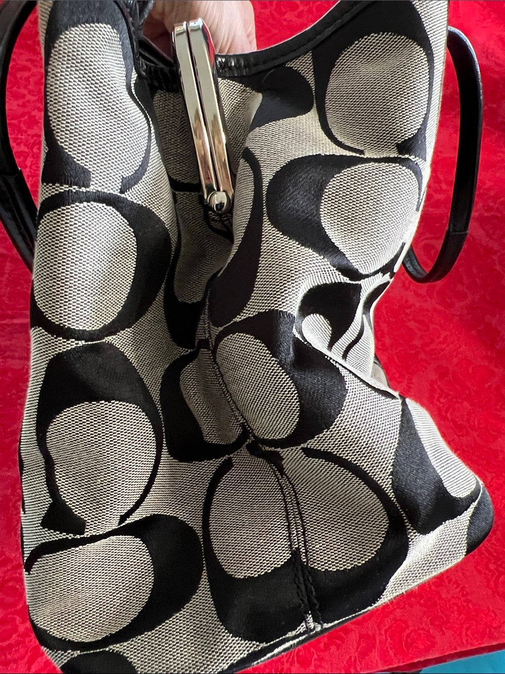 Coach F13533 Signature Jacquard Tote Black Gray Leather Trim Kisslock Bag - Picture 6 of 14